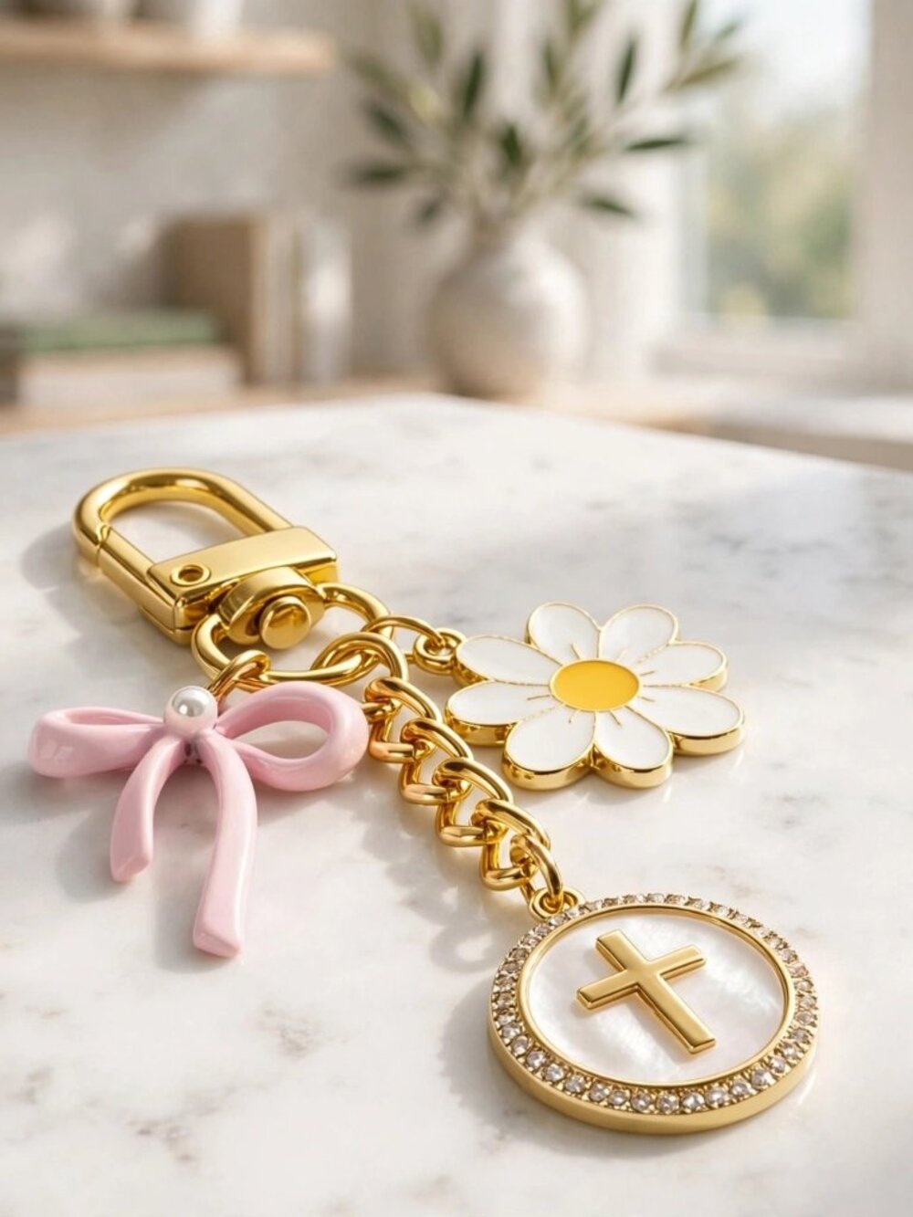 Christian Gold Cross Bow Flower Bag Charm Purse Keychain for Women